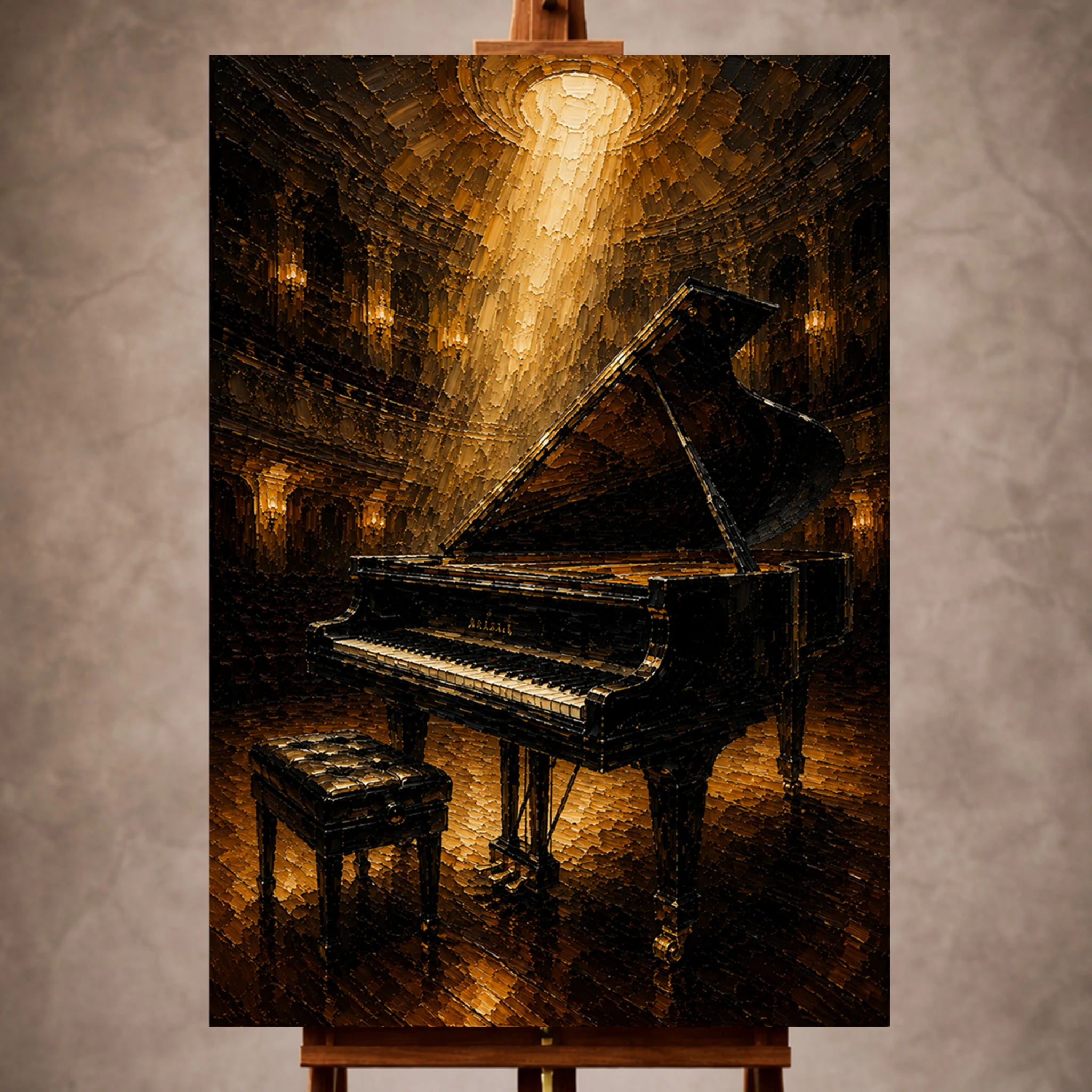 Premium Wall Art Dikey Html Edition – Music021 Image 1 Golden elegant Piano Wall Art print featuring a grand piano beneath cascading concert hall lighting for sophisticated interiors
