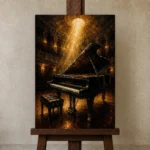 Golden Concert Grand Piano Wall Art Canvas Print displayed on a studio easel