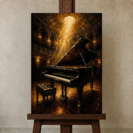 Golden Concert Grand Piano Wall Art Canvas Print shown in Studio Easel