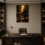 Golden Concert Grand Piano Wall Art Canvas Print displayed in a contemporary gallery-inspired room