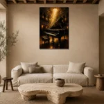 Golden Concert Grand Piano Wall Art Canvas Print presented in a sophisticated home setting