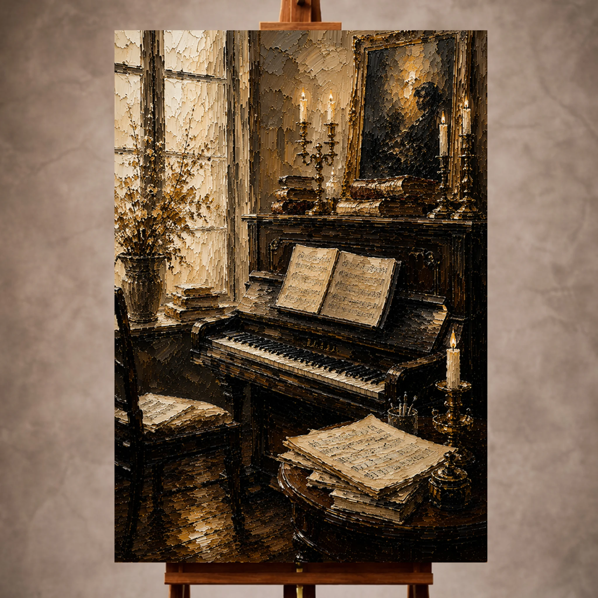 Premium Wall Art Dikey Html Edition – Music022 Image 1 Warm elegant Piano Wall Art print featuring a vintage upright piano with classical manuscripts in a refined composition studio for sophisticated interiors