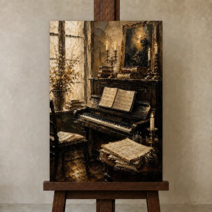 Vintage Composition Studio Piano Wall Art Canvas Print shown in Studio Easel