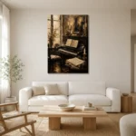 Vintage Composition Studio Piano Wall Art Canvas Print styled in a refined neutral interior