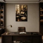 Vintage Composition Studio Piano Wall Art Canvas Print displayed in a contemporary gallery-inspired room
