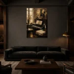 Vintage Composition Studio Piano Wall Art Canvas Print shown in a warm modern interior