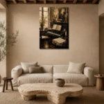 Vintage Composition Studio Piano Wall Art Canvas Print presented in a sophisticated home setting