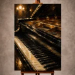 Warm elegant Piano Wall Art print featuring polished piano keys and shimmering strings beneath golden stage lighting for sophisticated interiors