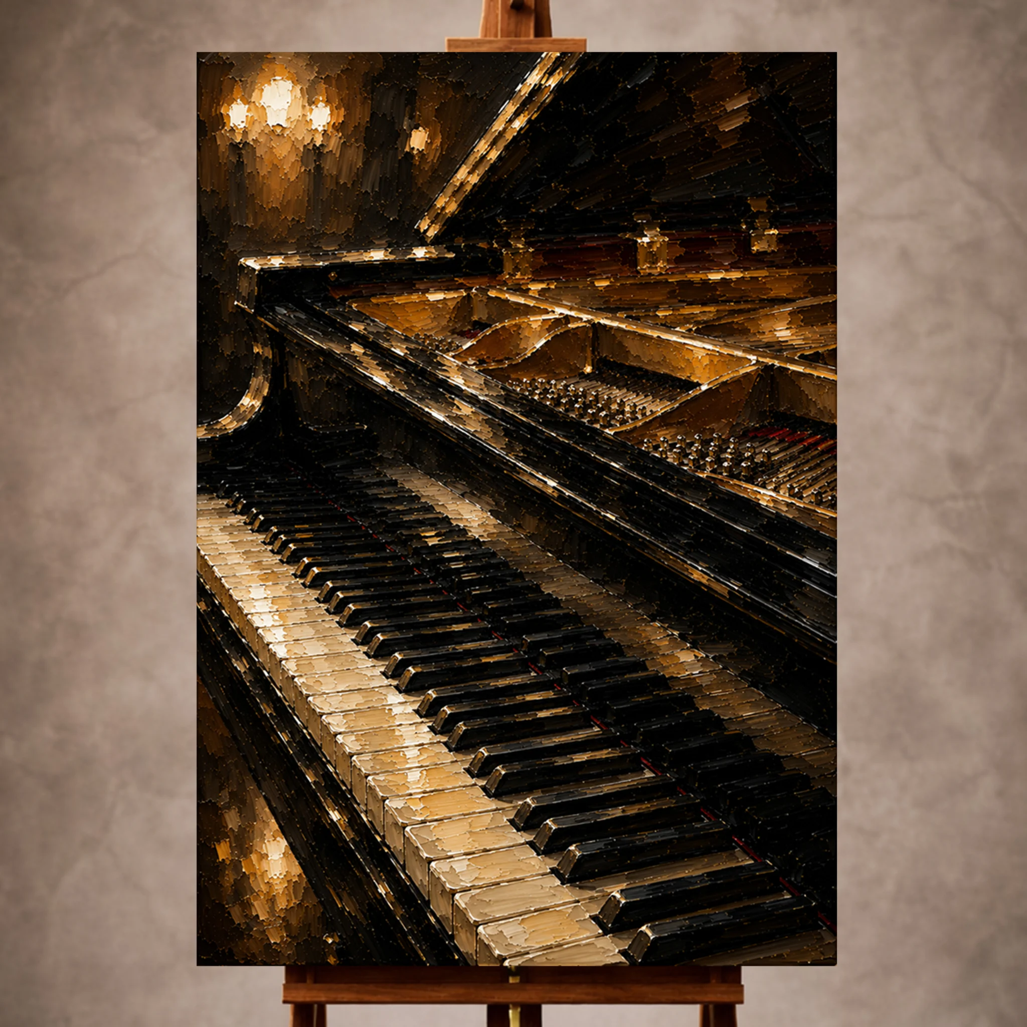 Premium Wall Art Dikey Html Edition – Music023 Image 1 Warm elegant Piano Wall Art print featuring polished piano keys and shimmering strings beneath golden stage lighting for sophisticated interiors