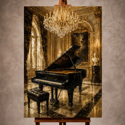 Elegant Piano Wall Art print featuring a grand piano beneath a crystal chandelier in a luxurious recital room for sophisticated interiors