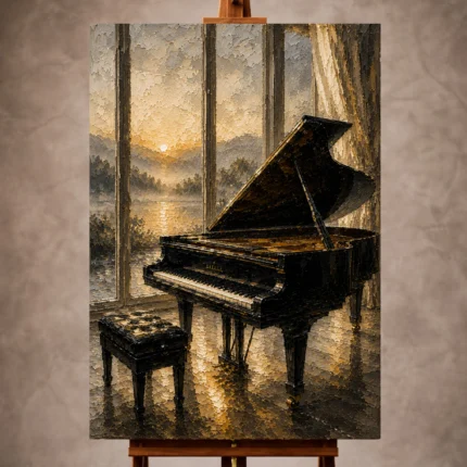 Golden dawn Piano Wall Art print featuring a grand piano beside floor-to-ceiling windows overlooking a misty sunrise for elegant interiors