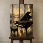Golden Dawn Piano Wall Art Canvas Print displayed on a studio easel