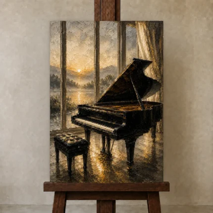 Golden Dawn Piano Wall Art Canvas Print shown in Studio Easel