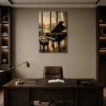 Golden Dawn Piano Wall Art Canvas Print displayed in a contemporary gallery-inspired room