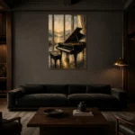 Golden Dawn Piano Wall Art Canvas Print shown in a warm modern interior