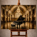 Elegant Piano Wall Art print featuring a grand piano beneath soaring concert hall arches and glowing chandeliers for refined interiors