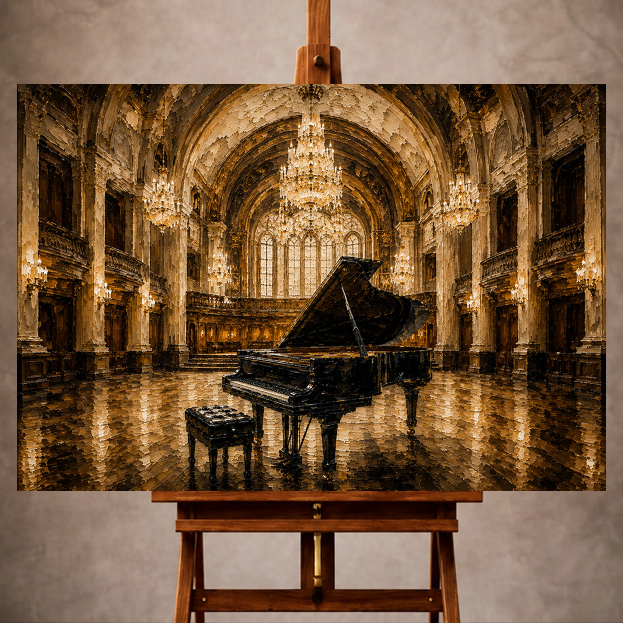 Premium Wall Art Yatay Html Edition – Music026 Image 1 Elegant Piano Wall Art print featuring a grand piano beneath soaring concert hall arches and glowing chandeliers for refined interiors