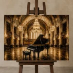 Grand Concert Hall Piano Wall Art Canvas Print displayed on a studio easel