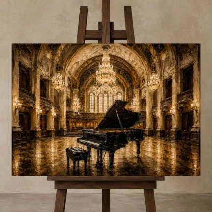 Grand Concert Hall Piano Wall Art Canvas Print shown in Studio Easel