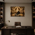 Grand Concert Hall Piano Wall Art Canvas Print displayed in a contemporary gallery-inspired room