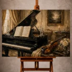 Timeless Piano Wall Art print featuring a vintage baby grand piano with sheet music, violin, and crystal candleholders for elegant interiors