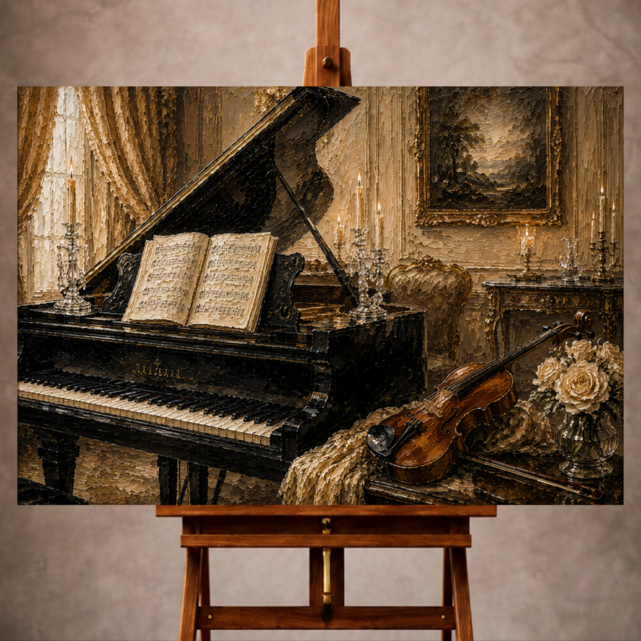 Premium Wall Art Yatay Html Edition – Music027 Image 1 Timeless Piano Wall Art print featuring a vintage baby grand piano with sheet music, violin, and crystal candleholders for elegant interiors