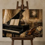 Vintage Piano Still Life Wall Art Canvas Print displayed on a studio easel