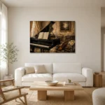 Vintage Piano Still Life Wall Art Canvas Print styled in a refined neutral interior