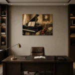 Vintage Piano Still Life Wall Art Canvas Print displayed in a contemporary gallery-inspired room