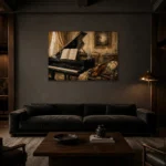 Vintage Piano Still Life Wall Art Canvas Print shown in a warm modern interior