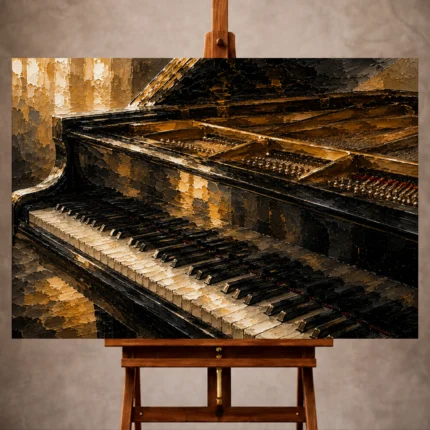 Elegant Piano Wall Art print featuring panoramic grand piano ivory keys with golden sunlight and polished lacquer for sophisticated interiors