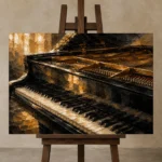Golden Piano Keys Wall Art Canvas Print displayed on a studio easel
