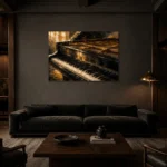 Golden Piano Keys Wall Art Canvas Print shown in a warm modern interior