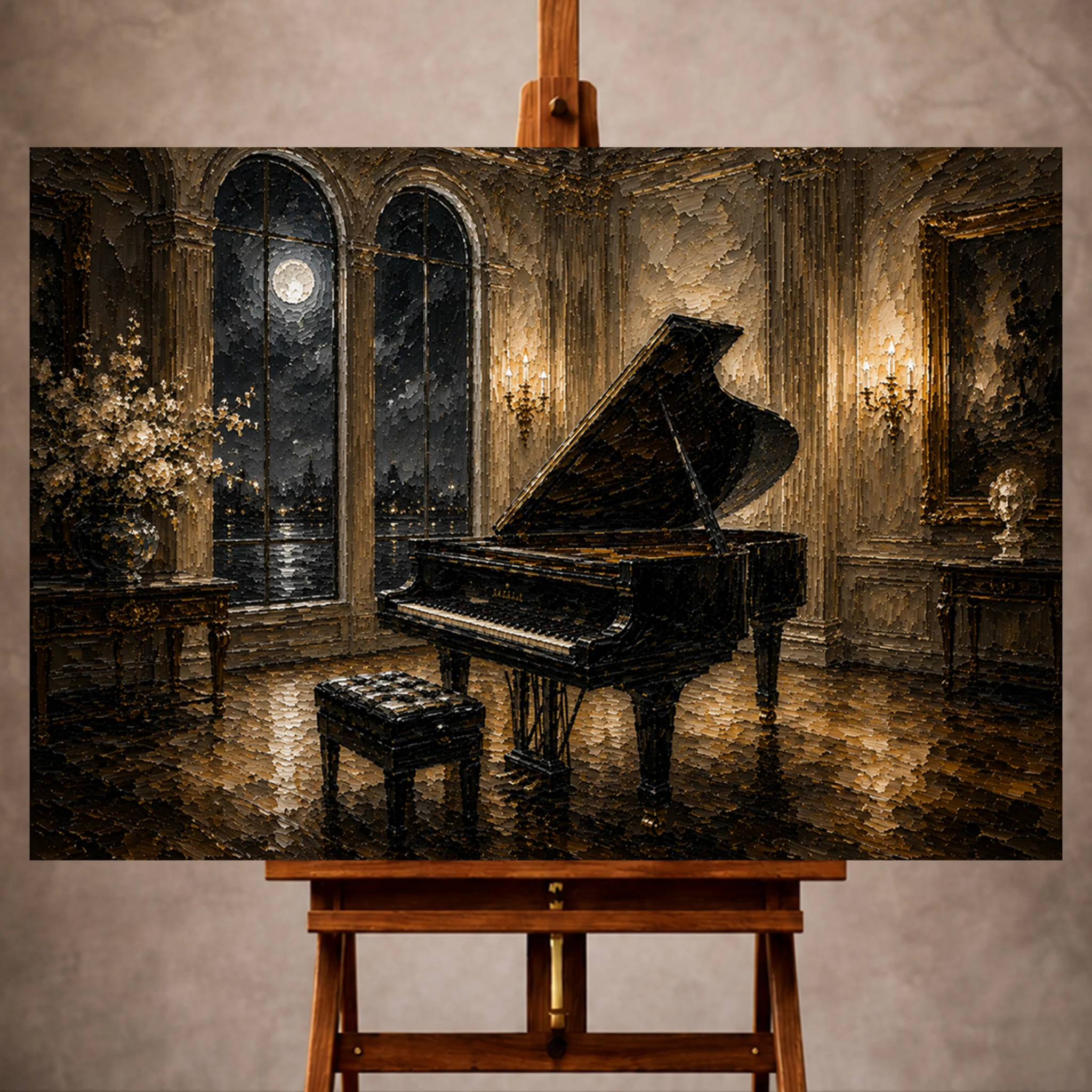 Premium Wall Art Yatay Html Edition – Music029 Image 1 Moonlit Piano Wall Art print featuring a grand piano before arched windows with soft moonlight and glowing wall sconces for elegant interiors