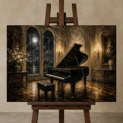 Moonlit Recital Piano Wall Art Canvas Print displayed on a studio easel