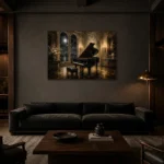 Moonlit Recital Piano Wall Art Canvas Print shown in a warm modern interior