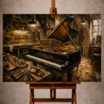 Warm Piano Wall Art print featuring a grand piano in a craftsman's atelier with carved wood details, brass tools, and pendant lighting for elegant interiors