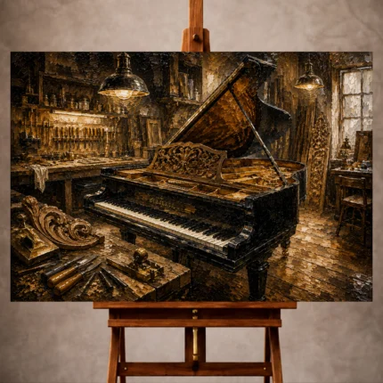 Warm Piano Wall Art print featuring a grand piano in a craftsman's atelier with carved wood details, brass tools, and pendant lighting for elegant interiors