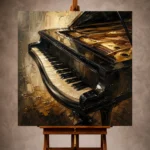 Elegant Piano Wall Art print featuring an overhead grand piano with sweeping ivory keys and warm golden light for sophisticated interiors