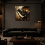 Elegant Grand Piano Wall Art Canvas Print shown in a warm modern interior