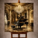 Luxurious Piano Wall Art print featuring a grand piano beneath a crystal chandelier with marble columns and warm evening light for elegant interiors