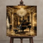 Luxury Concert Salon Piano Wall Art Canvas Print displayed on a studio easel