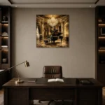 Luxury Concert Salon Piano Wall Art Canvas Print displayed in a contemporary gallery-inspired room
