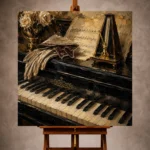 Elegant Piano Wall Art print featuring antique piano keys, sheet music, velvet-lined gloves, and a brass metronome for refined interiors