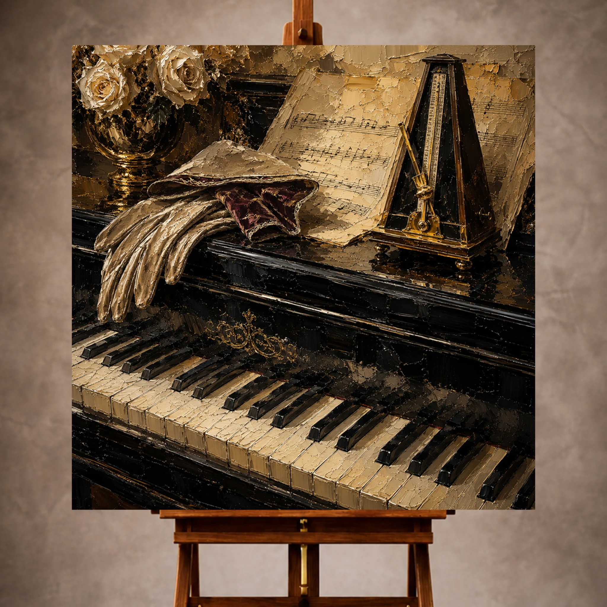 Premium Wall Art Kare Html Edition – Music033 Image 1 Elegant Piano Wall Art print featuring antique piano keys, sheet music, velvet-lined gloves, and a brass metronome for refined interiors