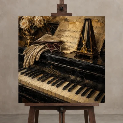 Antique Piano Still Life Wall Art Canvas Print shown in Studio Easel