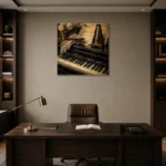 Antique Piano Still Life Wall Art Canvas Print displayed in a contemporary gallery-inspired room
