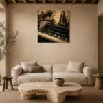 Antique Piano Still Life Wall Art Canvas Print presented in a sophisticated home setting