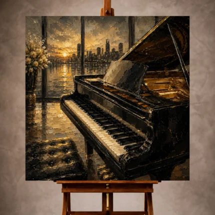 Contemporary Piano Wall Art print featuring a grand piano beside floor-to-ceiling windows overlooking a tranquil dusk skyline for elegant interiors