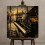 Contemporary Dusk Piano Wall Art Canvas Print displayed on a studio easel